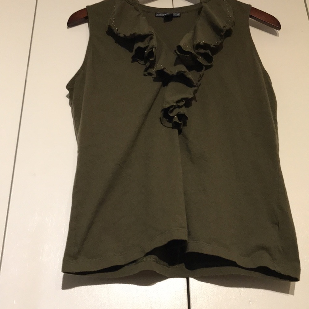 American Living Women's Olive Ruffle Neck Sleeveless Cotton Blouse Top Size L - Picture 5 of 16